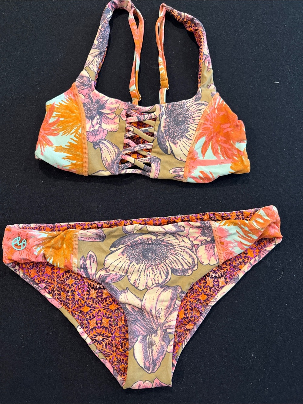 Maje Floral Lace-Up Bikini Set in Orange, Pink, Tan